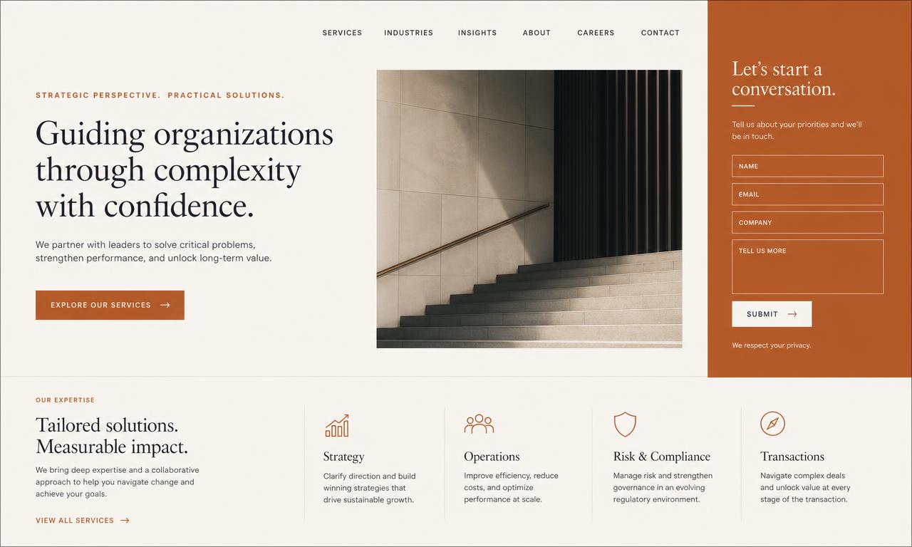 Professional services firm website with an editorial layout and a prominent contact panel
